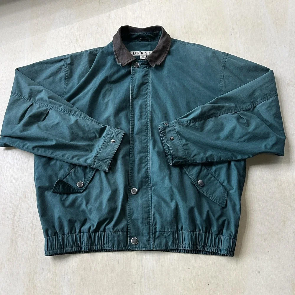Vintage London Fog Jacket Mens XL Green Canvas Bomber Snap Pockets Collar